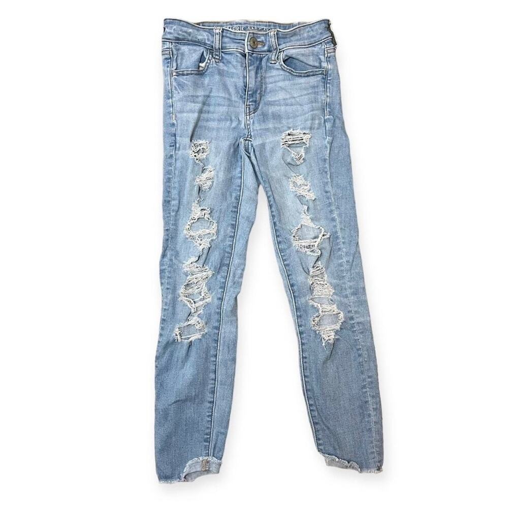 American Eagle Next Level Stretch Jegging Crop Distressed Jeans Light Wash Sz 2